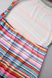 Multicolor Sexy Striped Print Backless Slit U Neck Vest Dress Dresses