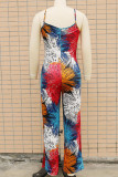 Red Orange Casual Print Patchwork Spaghetti Strap Straight Jumpsuits