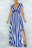 Blue Sexy Striped Print Patchwork Slit V Neck A Line Dresses