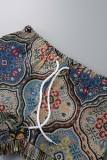 Colour Sexy Vintage Print Tassel Bandage Patchwork Backless Spaghetti Strap Sleeveless Two Pieces