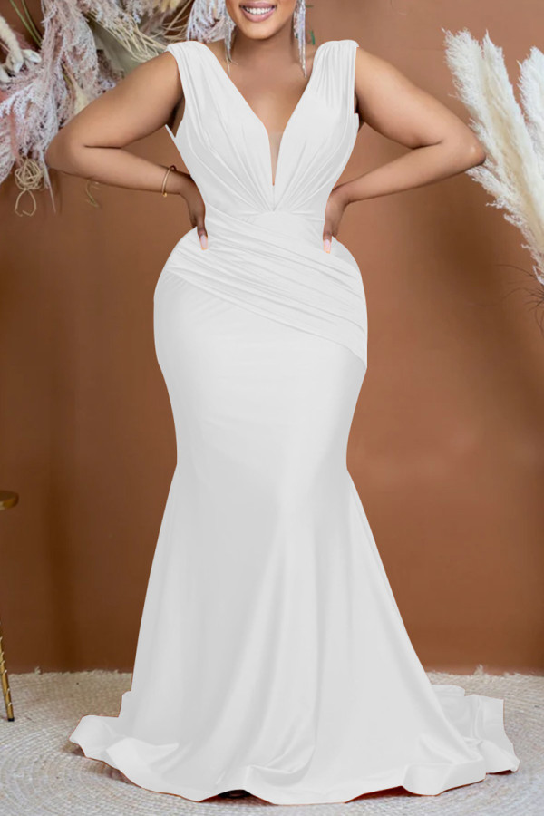 White Sexy Formal Solid Patchwork V Neck Evening Dress Dresses