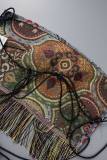 Colour Sexy Vintage Print Tassel Bandage Patchwork Backless Spaghetti Strap Sleeveless Two Pieces