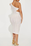 Blue Sexy Solid Patchwork Oblique Collar Pencil Skirt Dresses