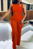 Red Elegant Solid Hollowed Out Patchwork Buttons O Neck Straight Jumpsuits