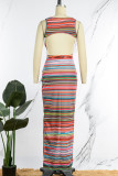Multicolor Sexy Striped Print Backless Slit U Neck Vest Dress Dresses