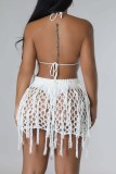 Black Sexy Solid Tassel Hollowed Out See-through Backless Halter Sleeveless Two Pieces