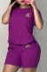 Purple Casual Letter Character Embroidered O Neck Short Sleeve Two Pieces