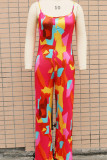 Red Blue Casual Print Patchwork Spaghetti Strap Straight Jumpsuits