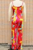 Red Orange Casual Print Patchwork Spaghetti Strap Straight Jumpsuits