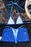 Blue Sexy Gradual Change Print Bandage Backless Swimsuit Three Piece Set (Without Paddings)