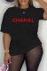 Black Casual Print Letter O Neck T-Shirts