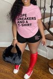 Red Casual Letter Print Basic O Neck Short Sleeve Two Pieces