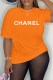 Orange Casual Print Letter O Neck T-Shirts