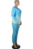 Light Blue Fashion Casual adult Ma'am Solid Gradient Two Piece Suits pencil Long Sleeve Two Pieces