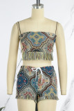 Colour Sexy Vintage Print Tassel Bandage Patchwork Backless Spaghetti Strap Sleeveless Two Pieces
