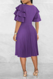 Purple Casual Solid Bandage Patchwork Fold O Neck A Line Dresses