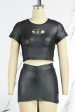 Black Sexy Casual Solid Hollowed Out O Neck Short Sleeve Two Pieces