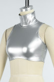 Silver Sexy Casual Solid Basic Turtleneck Tops