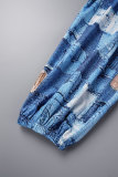 Blue Sexy Print Patchwork Backless Straight Jumpsuits
