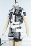 Red Casual Print Patchwork Zipper Collar Short Sleeve Two Pieces