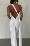 White Sexy Solid Patchwork Backless Oblique Collar Long Dress Dresses