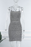 Black Sexy Striped Print Bandage Backless Spaghetti Strap Sleeveless Dress Dresses