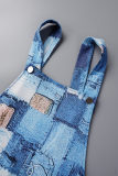 Blue Sexy Print Patchwork Backless Straight Jumpsuits