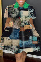 Multi-color Casual Print Patchwork O Neck Short Sleeve Dress