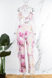 Purple Sexy Print Bandage Backless Swimsuit Three Piece Set