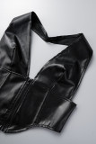 Black Sexy Solid Patchwork Asymmetrical Zipper Halter Sleeveless Two Pieces