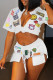 White Casual Street Print Bandage Patchwork Cardigan Collar Short Sleeve Two Pieces