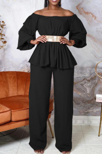 Black Casual Solid Patchwork With Belt Off the Shoulder Long Sleeve Two Pieces(With A Belt)