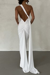 White Sexy Solid Patchwork Backless Oblique Collar Long Dress Dresses