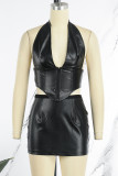 Black Sexy Solid Patchwork Asymmetrical Zipper Halter Sleeveless Two Pieces