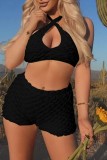 Blue Sexy Casual Solid Backless Halter Sleeveless Two Pieces