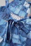 Blue Sexy Print Patchwork Backless Straight Jumpsuits