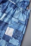 Blue Sexy Print Patchwork Backless Straight Jumpsuits