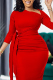 Grey Casual Solid Bandage Patchwork Fold O Neck One Step Skirt Dresses