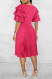 Rose Red Casual Solid Bandage Patchwork Fold O Neck A Line Dresses