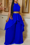 Blue Casual Solid Patchwork Fold With Belt Asymmetrical O Neck Sleeveless Two Pieces(With A Belt)