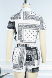 Red Casual Print Patchwork Zipper Collar Short Sleeve Two Pieces