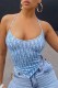 Blue Sexy Letter Bandage Backless U Neck Tops