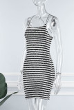 Black Sexy Striped Print Bandage Backless Spaghetti Strap Sleeveless Dress Dresses