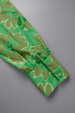 Green Casual Print Patchwork Buckle Turndown Collar Tops