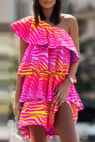 Pink Orange Casual Elegant Print Flounce Oblique Collar Asymmetrical Dresses