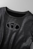Black Sexy Casual Solid Hollowed Out O Neck Short Sleeve Two Pieces