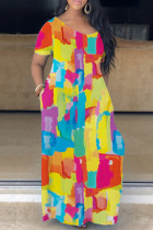 Yellow Casual Print Basic V Neck Short Sleeve Dress