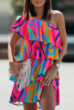 Pink Casual Elegant Print Flounce Oblique Collar Asymmetrical Dresses