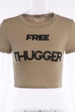 Khaki Casual Letter Print Basic O Neck T-Shirts