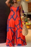 Tangerine Red Sexy Casual Print Backless Spaghetti Strap Regular Jumpsuits
